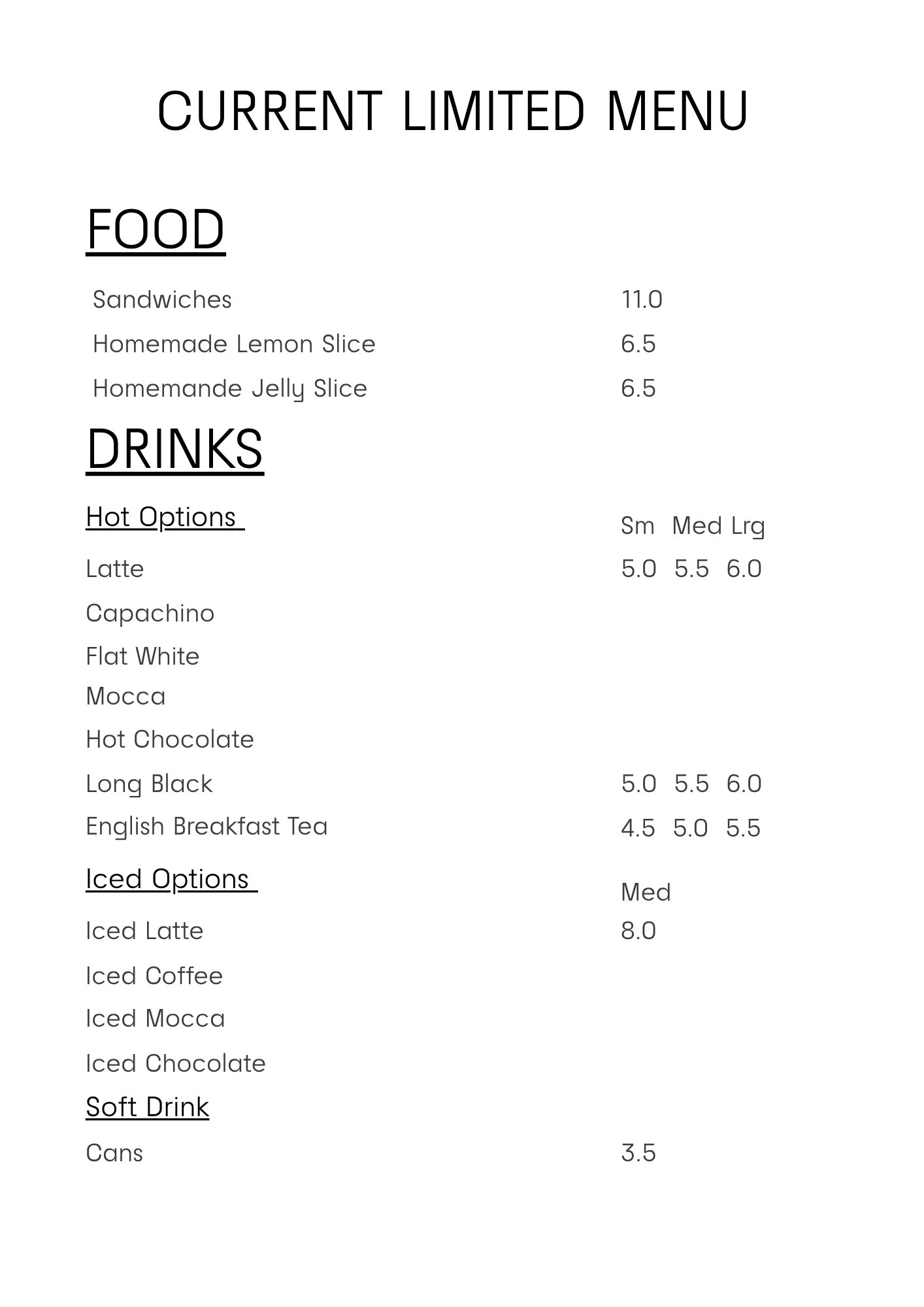 Current Limited Menu